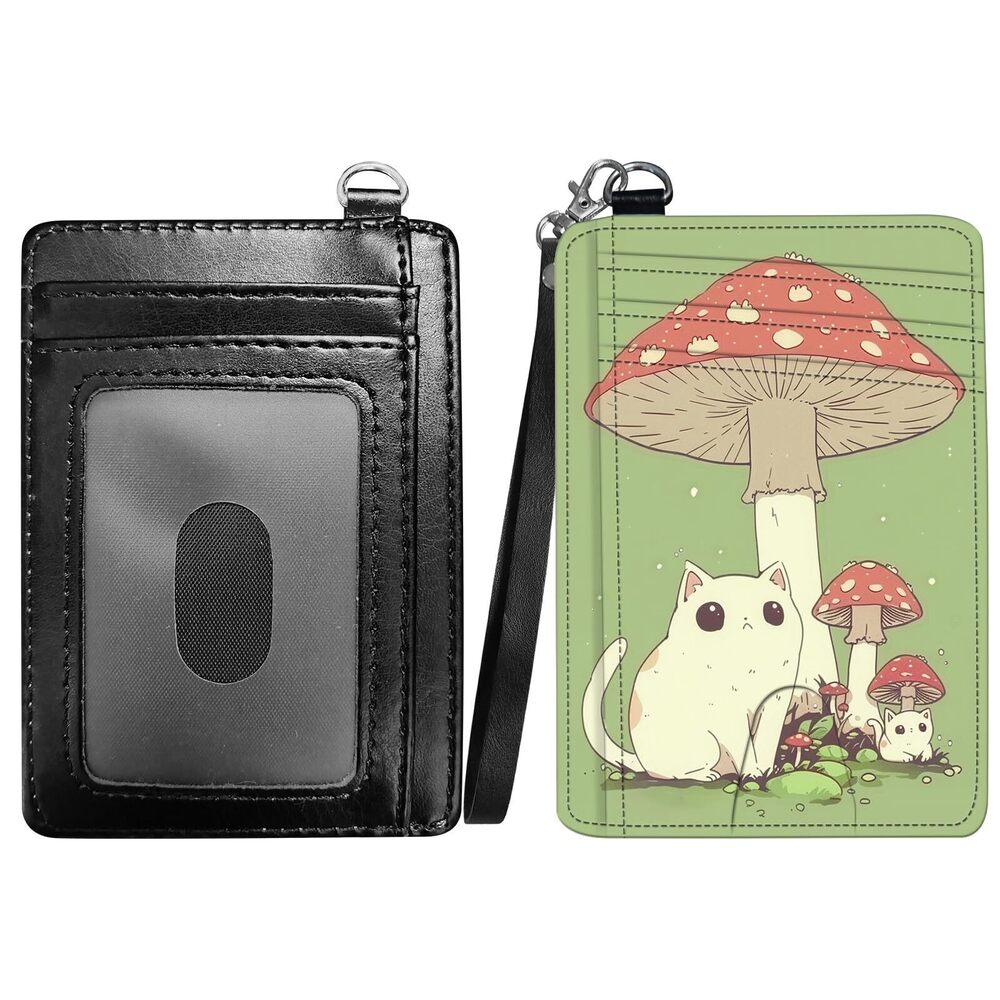 6292 Cat Mushroom Slim Minimalist Wallet with Lanyard Strap, PU Leather